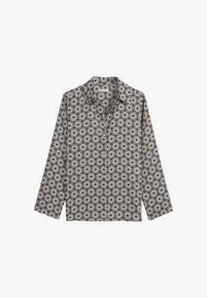 Hemd mit Knopfleiste und einem schwarz-weißen geometrischen Blumenmuster. Lange Ärmel, Kragen und gerader Saum. Leichter Stoff.