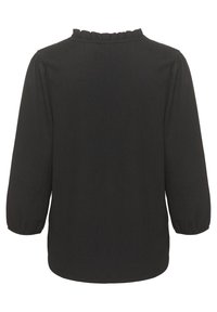 Sort langærmet bluse med tekstureret stof, flæset halsudskæring og samlede ærmer. Rundet kant og afslappet pasform.