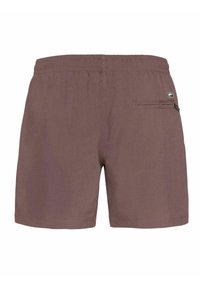 Short da bagno marroni con vita elastica, una tasca con zip sul retro e un tessuto dalla texture liscia.