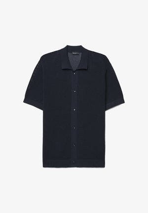 Camicia da uomo blu navy a maniche corte con bottoni, in maglia con motivo a rilievo, colletto a punta e polsini e orlo a coste.