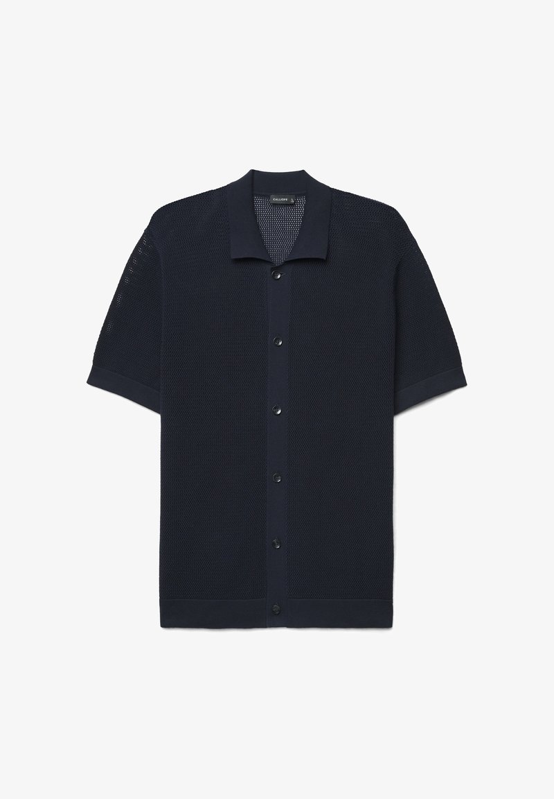 Dunkelblaues Herrenstrickhemd mit kurzen Ärmeln, durchgeknöpft, mit strukturiertem Muster, spitzem Kragen sowie gerippten Bündchen und Saum.