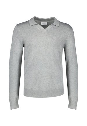 Lichtgrijs gebreide trui met lange mouwen, V-hals en kraag, geribbelde manchetten en zoom, getoond op een witte achtergrond.