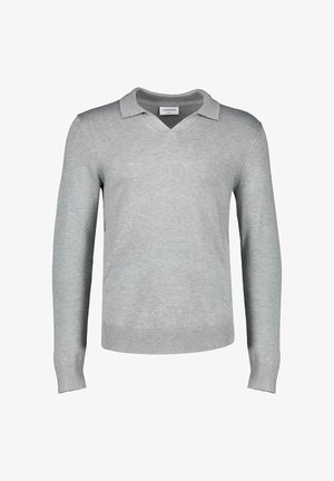 Lichtgrijs gebreide trui met lange mouwen, V-hals en kraag, geribbelde manchetten en zoom, getoond op een witte achtergrond.