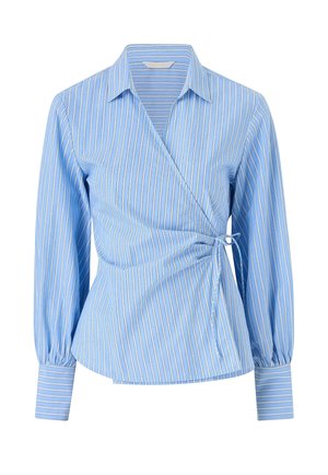 Blue striped wrap shirt with long puff sleeves, buttoned cuffs, and a cinched waist. Fabric appears lightweight with a smooth texture.