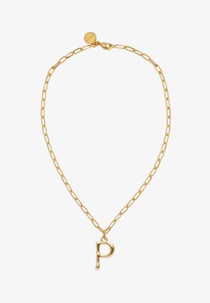 Cadena de oro con cierre de langosta y un colgante en forma de la letra minúscula "p" con acabado brillante y pulido.