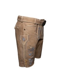 Shorts de ante marrón con bordado floral azul, botones decorativos y pasadores para cinturón. Presentan un bolsillo lateral y un corte ajustado.