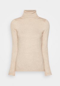 Beige värjätty pooloneule pehmeästä kankaasta, jossa pitkät hihat ja istuva malli, jossa hihansuut levenevät hieman.