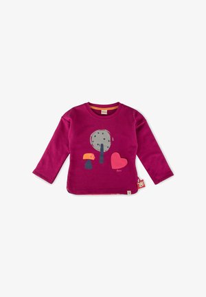 Magenta langärmliges Shirt mit rundem Ausschnitt, verziert mit Applikationen eines grauen Elefanten, einem roten Herzen und einem Pilz. Aus weichem Baumwollmaterial.