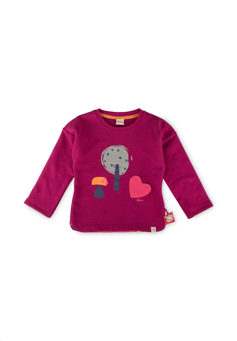 Maglietta a maniche lunghe magenta con scollo rotondo, decorata con applicazioni di un elefante grigio, un cuore rosso e un fungo. Materiale in morbido cotone.
