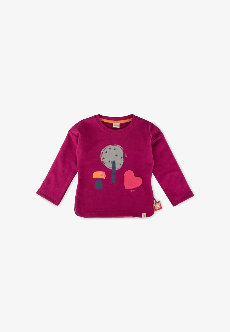 Maglietta a maniche lunghe magenta con scollo rotondo, decorata con applicazioni di un elefante grigio, un cuore rosso e un fungo. Materiale in morbido cotone.