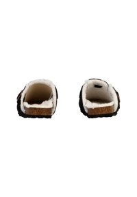 Sorte slip-on slippers med blødt hvidt pelsfoer, korkfodbed og gummisål, med åben bagdesign for nem påføring.