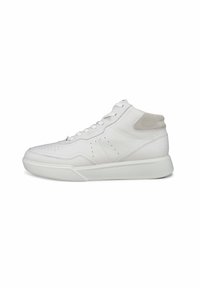 Białe wysokie sneakersy wykonane z gładkiej skóry z akcentem z teksturowanej zamszowej skóry. Posiada perforacje, wyściółkę na kołnierzu oraz trwałą gumową podeszwę.