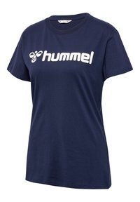 Mörkblå t-shirt i bomull med en vit "hummel"-logotyp, korta ärmar och rundad halsringning med en avslappnad passform.