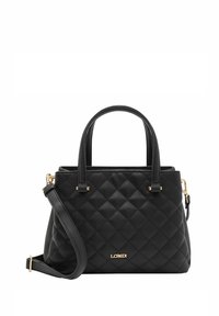 Sac à main en cuir matelassé noir au design structuré. Il possède deux anses supérieures et une bandoulière amovible. Accent de quincaillerie dorée.