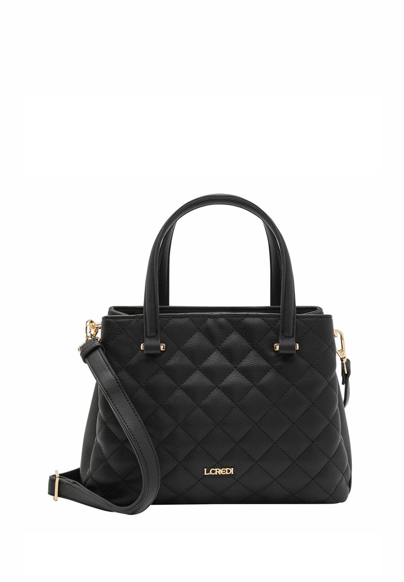 Sac à main en cuir matelassé noir au design structuré. Il possède deux anses supérieures et une bandoulière amovible. Accent de quincaillerie dorée.
