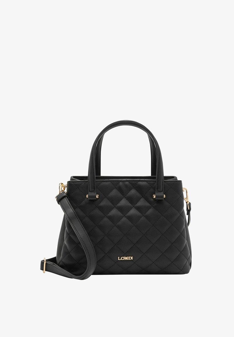 Borsa a tracolla in pelle nera trapuntata con un design strutturato. Presenta due manici superiori e una tracolla rimovibile. Finiture in hardware dorato.