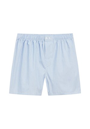 Boxer da uomo azzurro chiaro con sottili righe verticali bianche e fascia elastica in vita con due bottoni bianchi sul davanti.