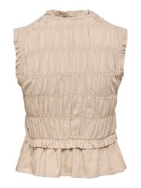 Bež top bez rukava s elastičnim naborima na leđima i volanima na rubu i rubovima rukava, izrađen od lagane tkanine.