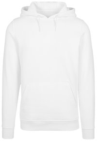 White hoodie made of soft fabric, featuring a kangaroo pocket, adjustable drawstrings, and ribbed cuffs and hem.
