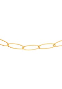 Collana a catena in oro con maglie ovali allungate, caratterizzate da una texture liscia e una finitura lucida. Ogni maglia è intrecciata.