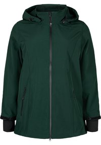 Donkergroene waterdichte jas met een rits aan de voorkant, verstelbare capuchon en twee ritszakken aan de zijkant. Voorzien van zwarte manchetten en subtiele stikselaccenten.