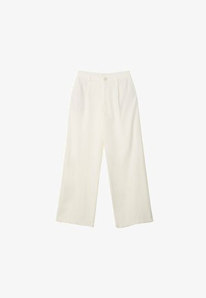 Wide-leg trousers in cream fabric with a smooth texture, featuring a single front button, subtle pleats, and a high waist design.