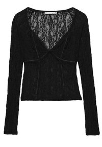 Top lung cu maneci lungi din dantelă neagră, cu decolteu adânc în V, model floral transparent și siluetă ajustată.