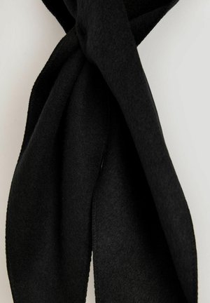 Black wool scarf, featuring a soft, textured surface with rounded edges and a twisted design at the top.