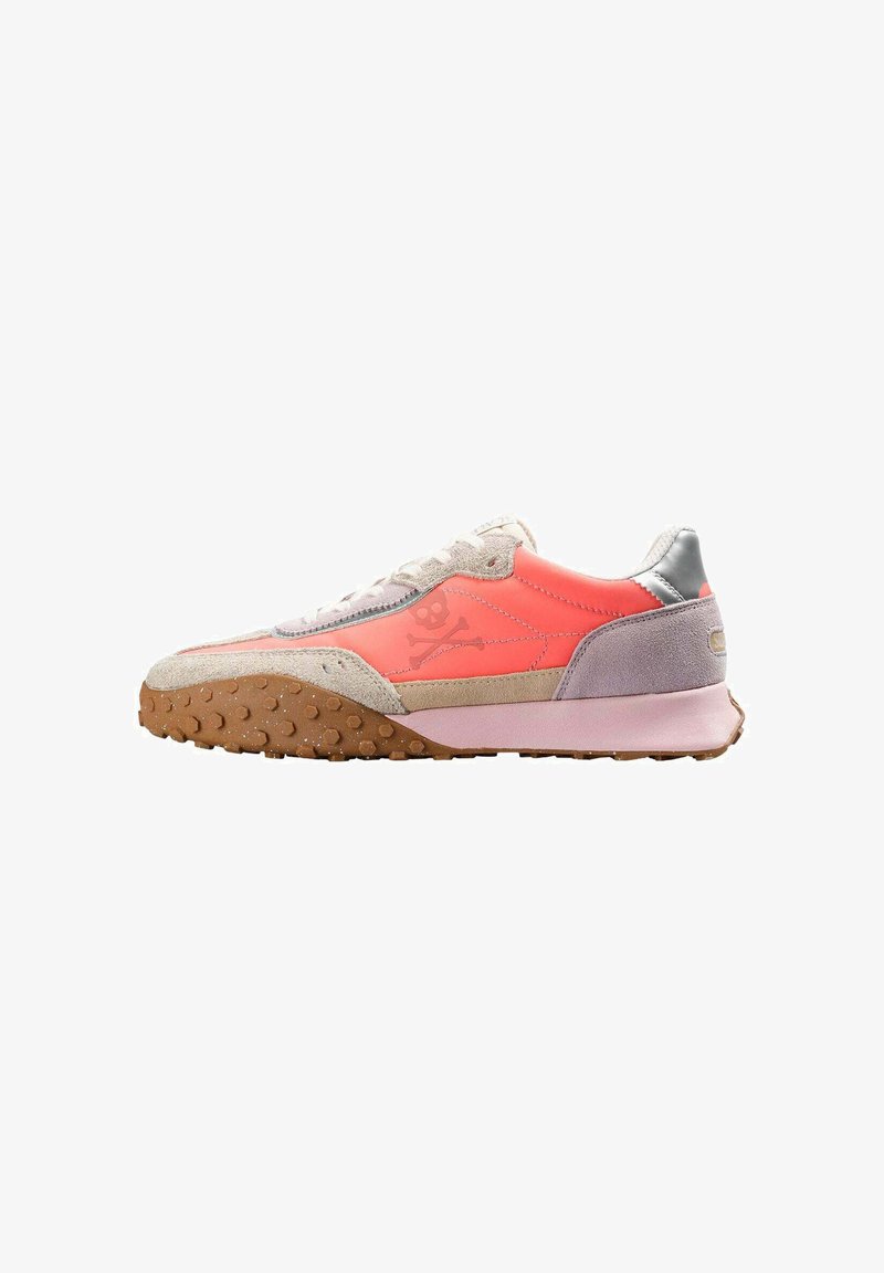 Sneaker featuring leather and suede materials in pink, coral, and gray, with a rubber sole and textured accents. Embossed logo detail.