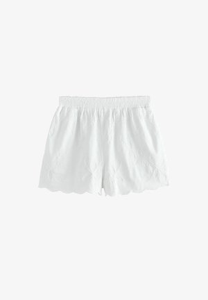 Hvide bomuldsshorts med elastisk taljebånd, blomsterbroderi og bølgede kanter, designet til afslappet brug.