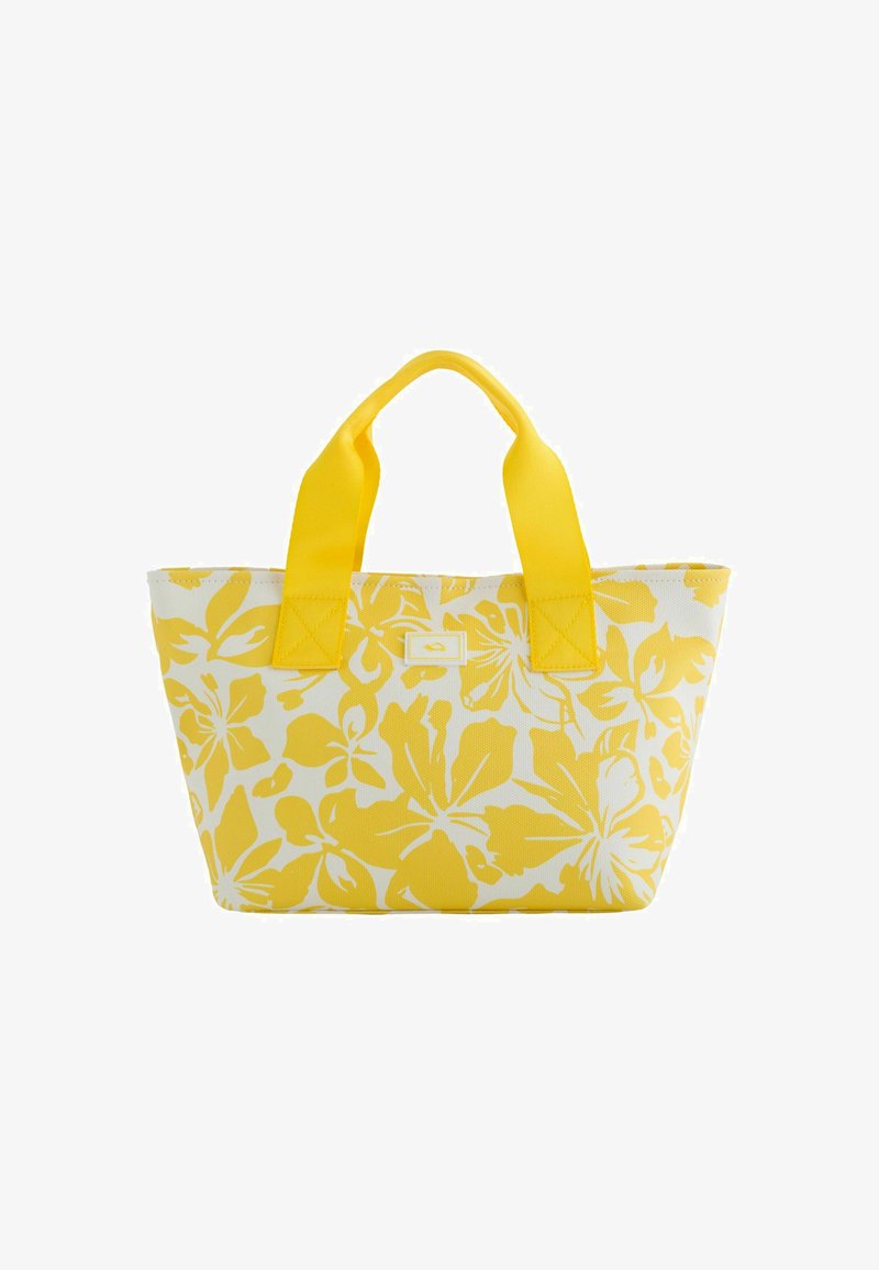 Gelbe Blumen-Tasche mit einem weißen Blumendesign, aus strapazierfähigem Stoff, mit kurzen gelben Griffen und rechteckiger Form.
