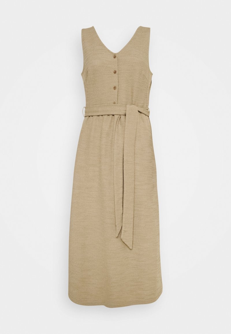 Robe midi beige avec un col en V, des boutons à l'avant et une ceinture nouée à la taille. Fabriquée en tissu texturé, elle présente un corsage ajusté et une jupe ample.