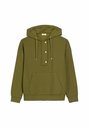 Oliwkowa zielona bluza z kapturem, z przednią kieszenią kangurką, trzema srebrnymi zatrzaskami i kapturkiem ze sznurkiem.