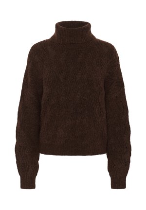 Bruine gebreide coltrui met een gestructureerd patroon, voorzien van lange mouwen en een geribbelde zoom. Zacht, warm materiaal.