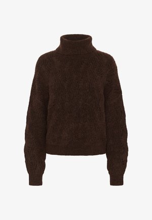 Rudas megztas golfas su tekstūriniu raštu, ilgomis rankovėmis ir įgriovomis apačioje. Minkšta, šilta medžiaga.