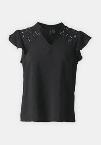 Blusa nera a maniche corte con scollatura a V, caratterizzata da dettagli di ricamo floreale vicino alle spalle e una finitura in tessuto testurizzato.