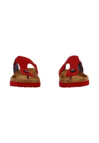 Red suede sandals with a cork footbed and rubber sole, featuring cut-out designs and a contrasting striped strap.