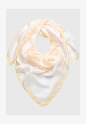 White silk scarf with yellow striped pattern, featuring a soft texture, triangular shape, and yellow satin border.