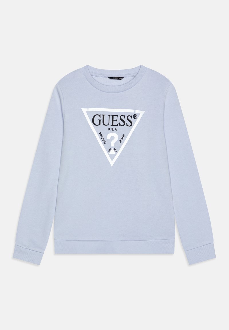 Felpa azzurra realizzata in materiale morbido, con un grande logo triangolare bianco al centro, contornato da testo nero e un simbolo.