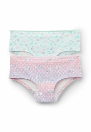 Due coppie di mutandine hipster per ragazze: una azzurra chiara con motivi a tema marino e l'altra rosa con un design a squame di sirena e testo bianco.