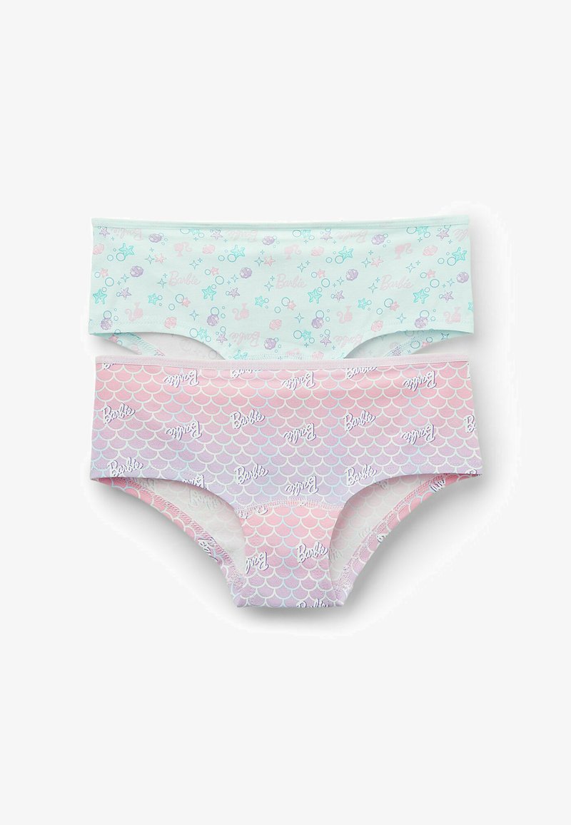 Zwei Paare Mädchen-Hipster-Unterhosen: eine hellblaue mit maritimen Mustern und eine rosa mit einem Design aus Meerjungfrauen-Schuppen und weißem Text.