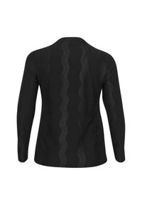 Schwarzer, langärmeliger Pullover mit einem strukturierten Zickzack-Design auf der Rückseite, aus einem weichen Strickmaterial und mit einem runden Halsausschnitt.