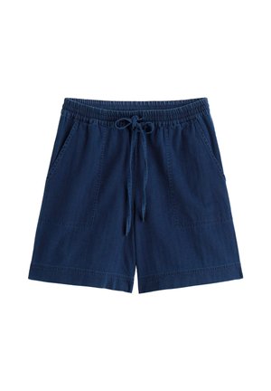 Tumesinised põlvekõrgused lühikesed püksid, millel on elastne vöökoht, nöörköis ja kaks esimest taskut, valgel taustal.