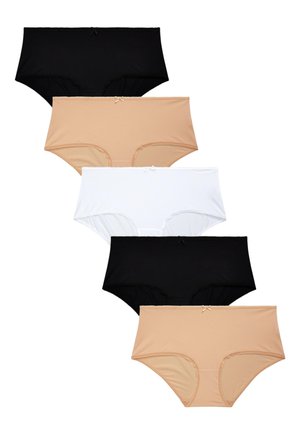 Cinque paia di slip da donna in colori nero, nudo e bianco. Il tessuto è liscio, con un delicato bordo in pizzo e piccoli dettagli a fiocco.