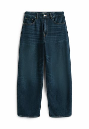 Jean large en denim bleu foncé à taille haute, avec cinq poches, une fermeture à bouton à l'avant et des détails de couture visibles.