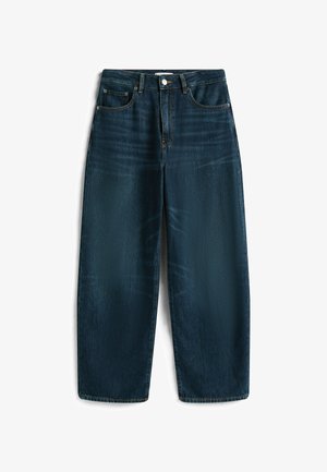 Donkerblauwe denim wijde jeans met een hoge taille, voorzien van vijf zakken, een sluiting met een knoop aan de voorkant en zichtbare stiksels.