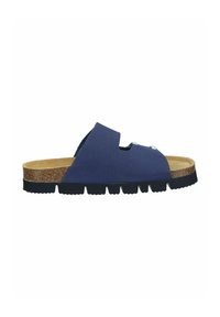 Navy blue slide sandal with a cork footbed, black textured sole, and a front cut-out design. Features metallic accents.