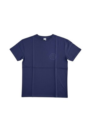 T-shirt blu navy a maniche corte con scollo rotondo e piccolo logo circolare sulla parte sinistra del petto.