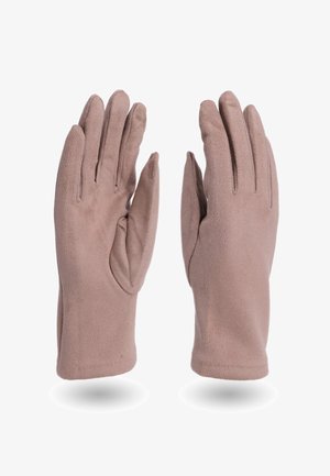 Guanti di tessuto marrone, morbidi, con una texture liscia, caratterizzati da un design classico e una vestibilità aderente, che mostrano dettagli di cucitura leggermente in rilievo.