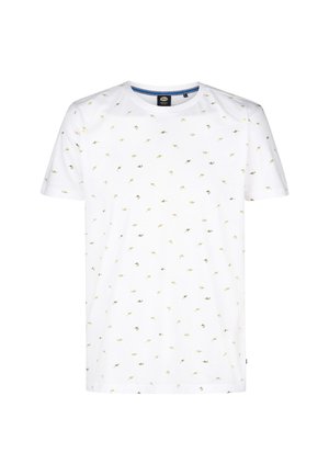 Tricou alb din bumbac, cu un model dispersat de pești mici galbeni și negri. Design clasic cu gât rotund și mâneci scurte.